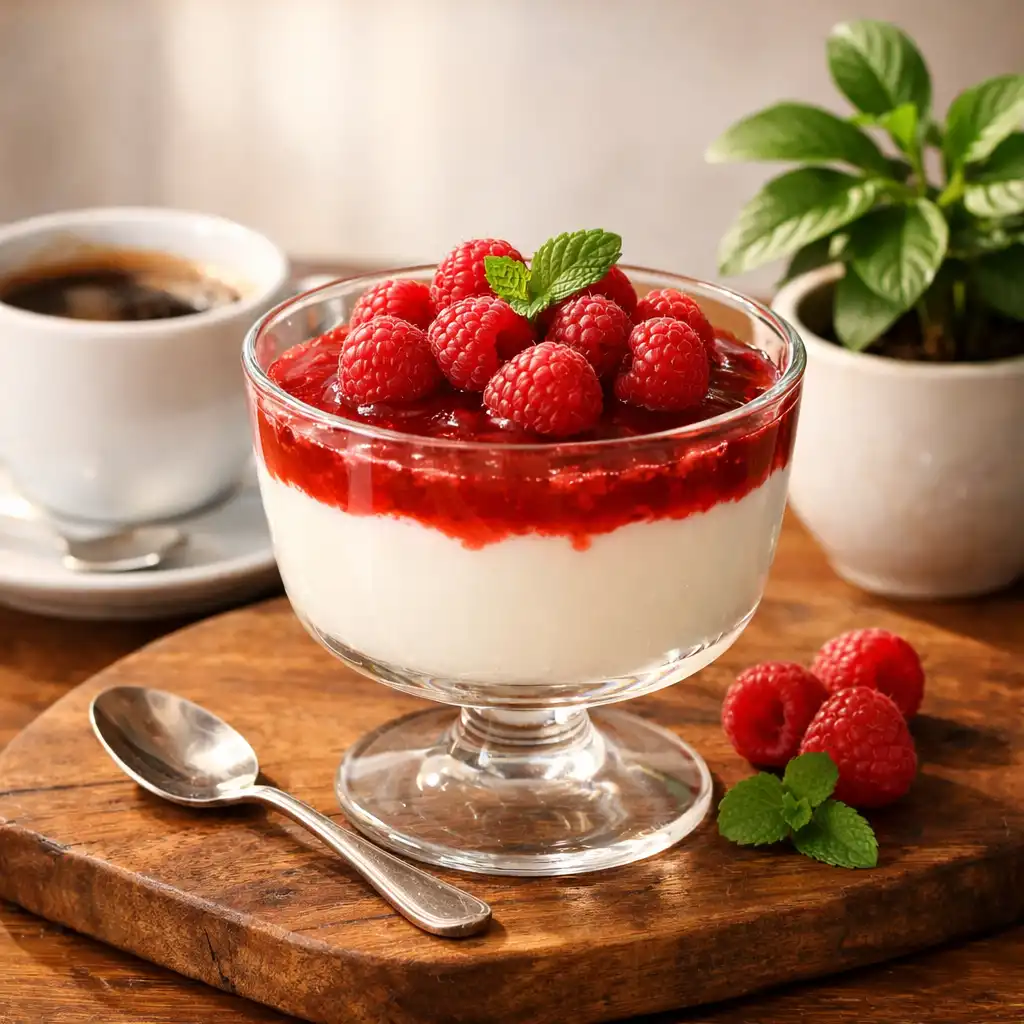 Duże zdjęcie deseru panna cotta z malinami i kawą
