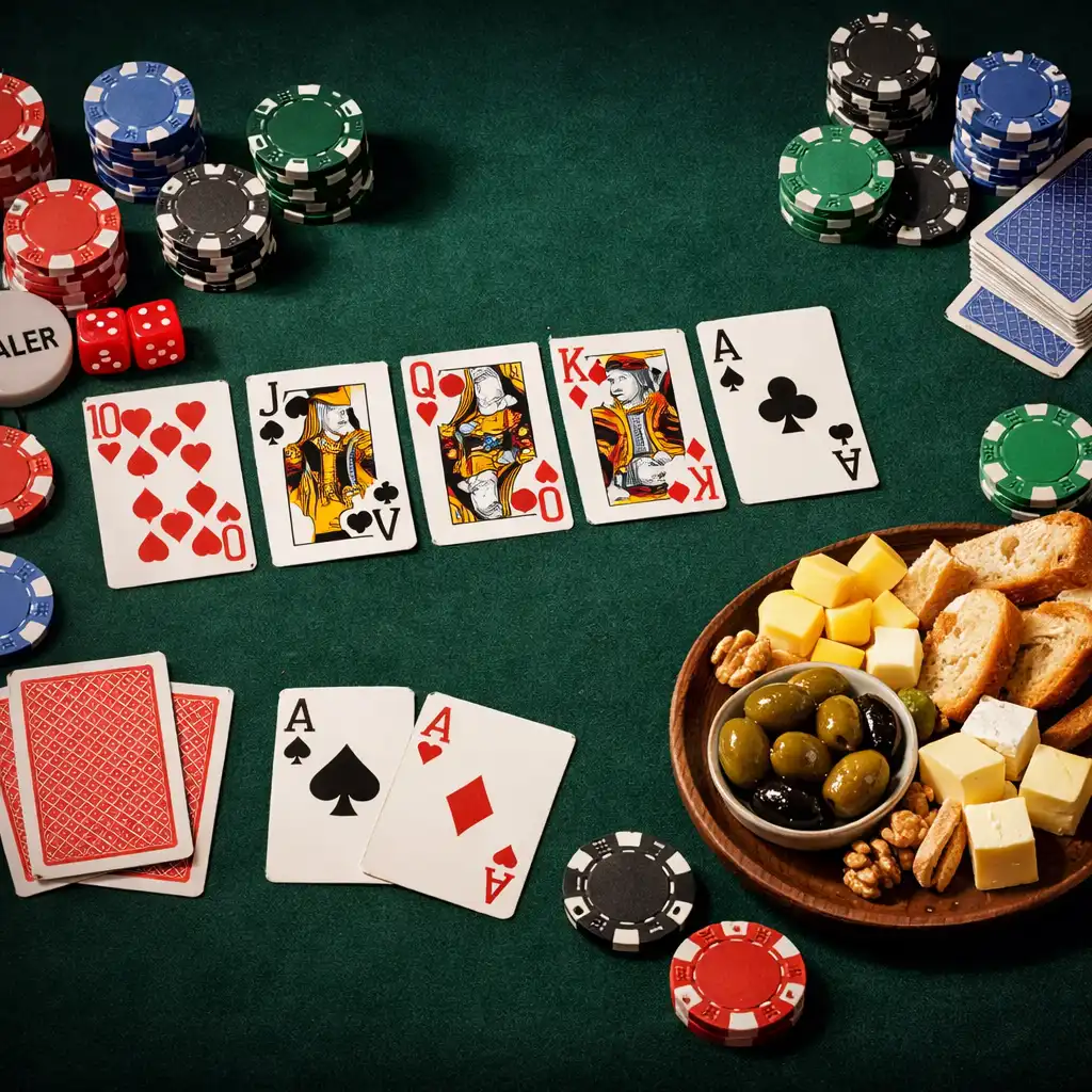 Stół pokerowy z kartami, żetonami i talerzem przekąsek: ser, oliwki i pieczywo