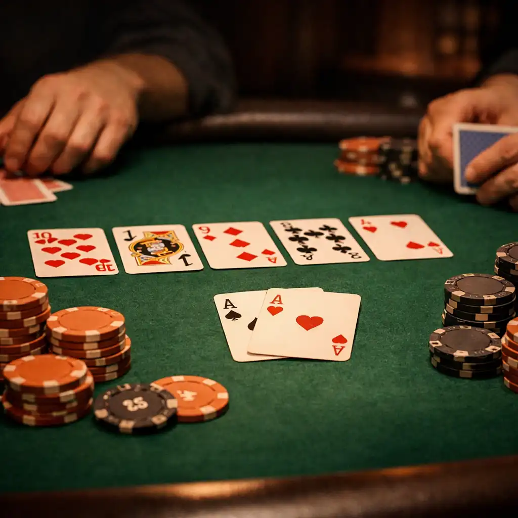Zbliżenie na stół pokerowy z zielonym suknem, kartami i żetonami, dłonie graczy częściowo widoczne