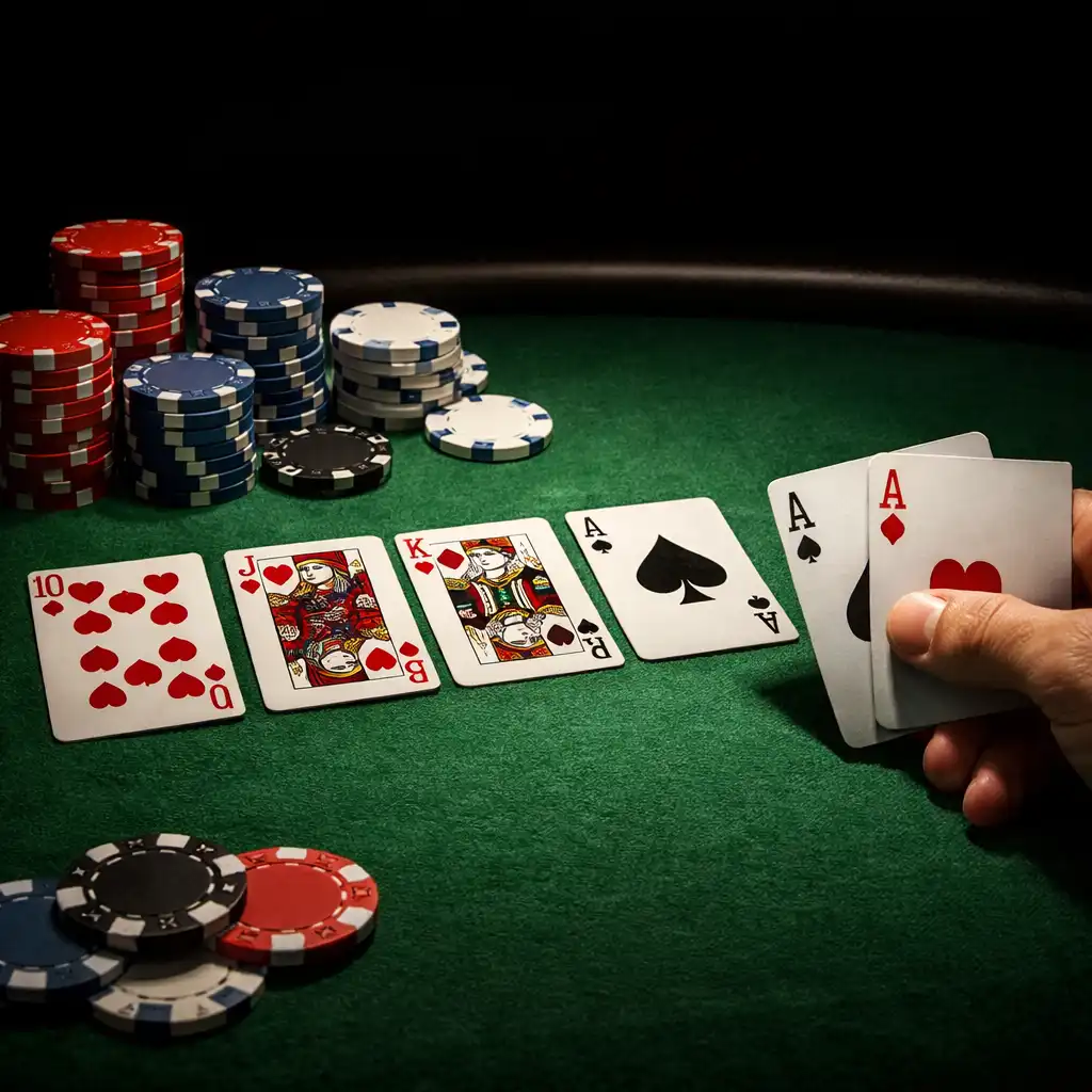 Szeroki detal pokerowego stołu z kartami i żetonami