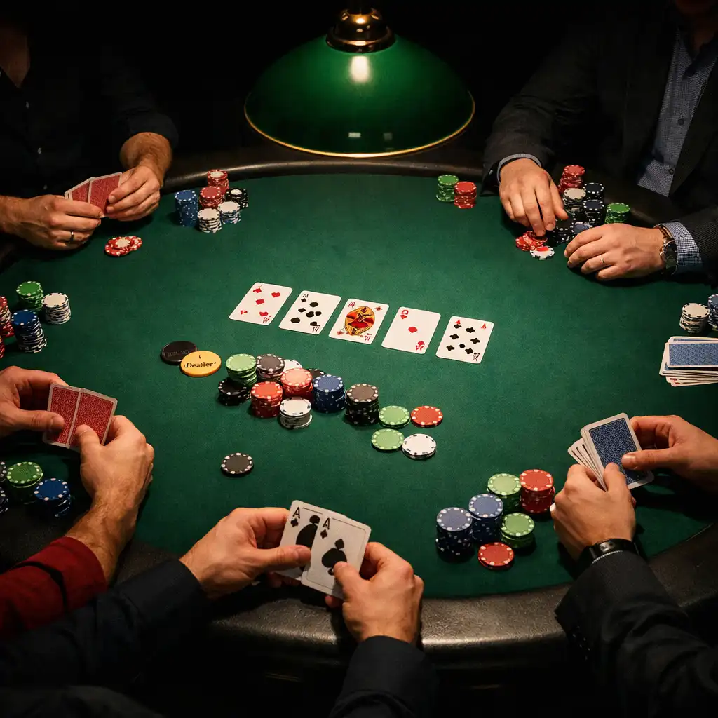 Szerokie ujęcie prawdziwego stołu pokerowego z graczami i żetonami