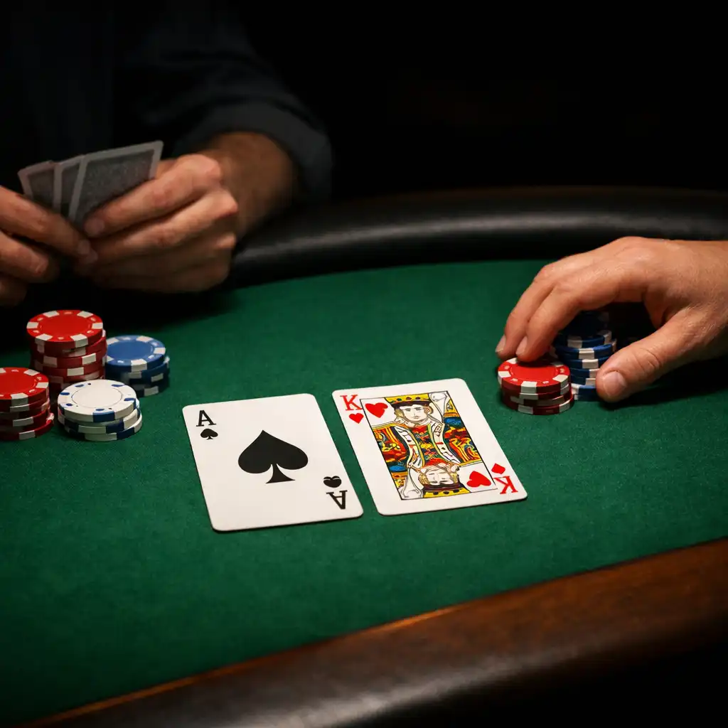 Fragment fizycznego stołu pokerowego z kartami i żetonami