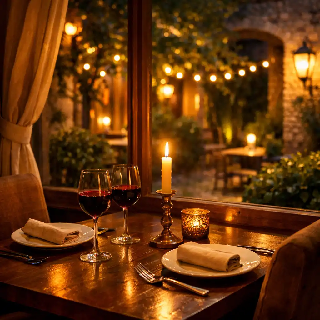 Końcowe zdjęcie restauracji ze stolikiem dla dwojga przy oknie