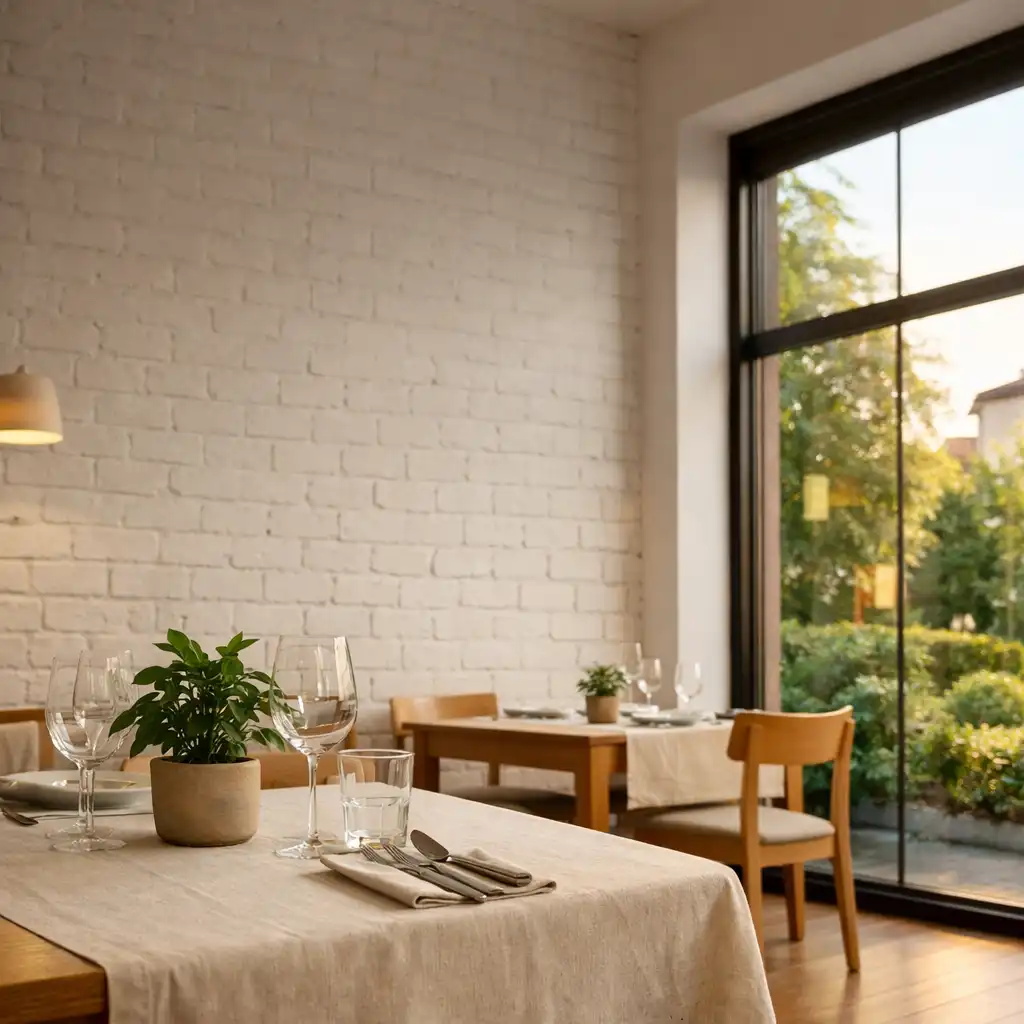 Wnętrze restauracji z zielenią i drewnianym stołem