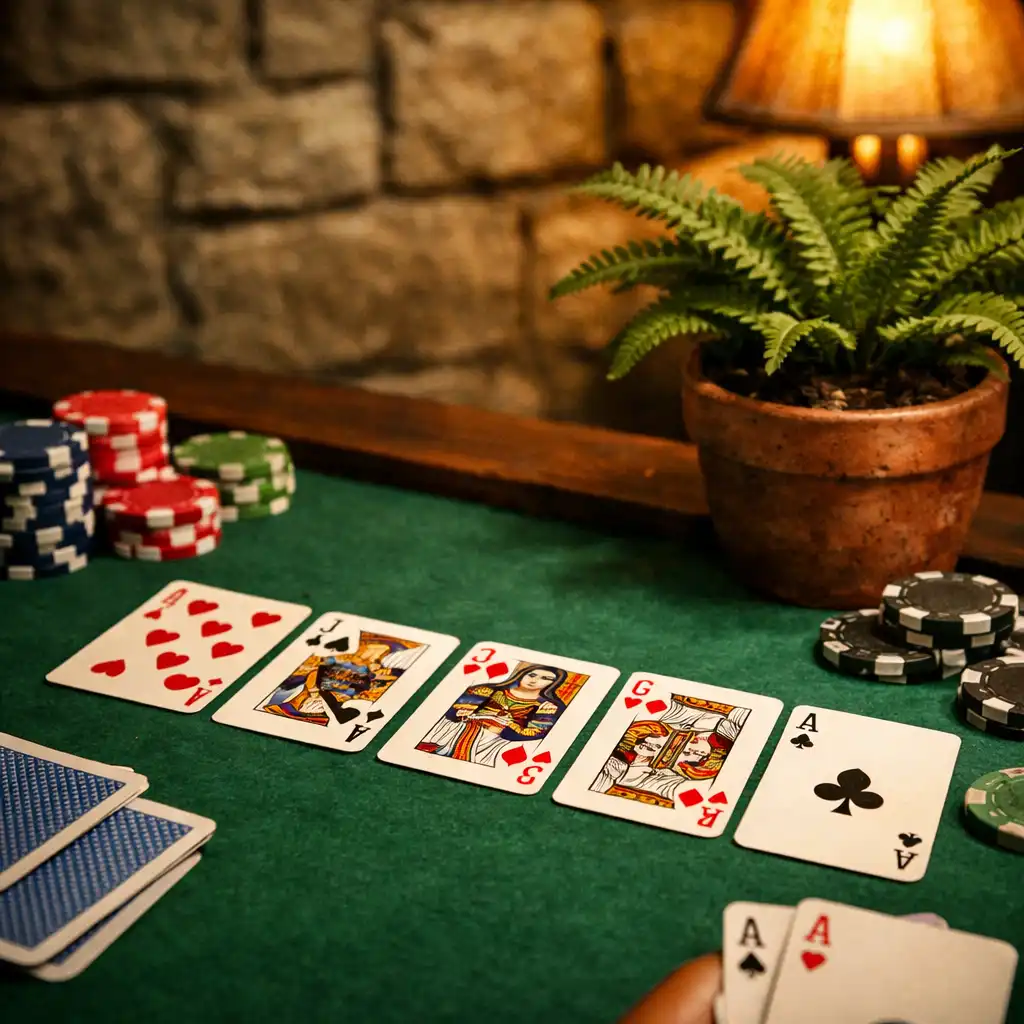 Zbliżenie na stół pokerowy z zielonym suknem, kartami i żetonami, obok doniczka z paprocią