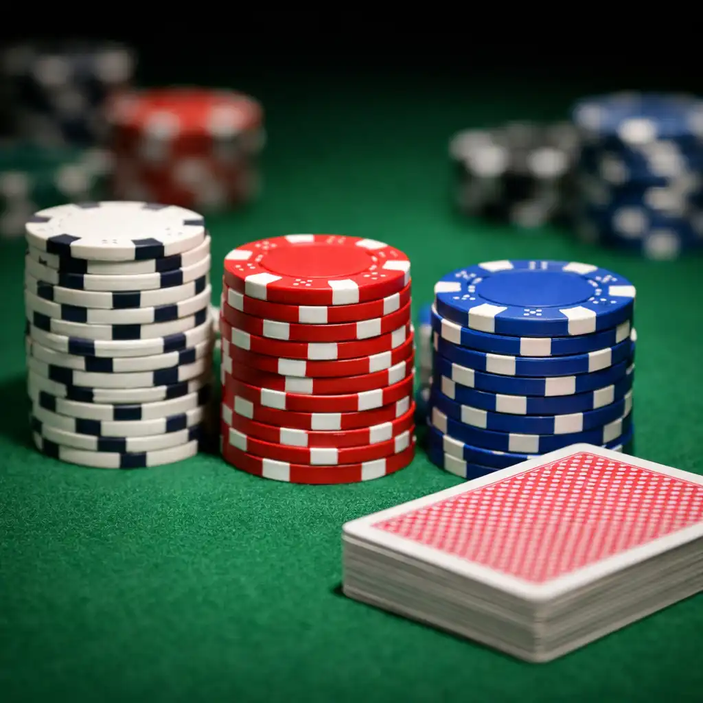 Makro na stół pokerowy z zielonym suknem, stosami żetonów i talią kart