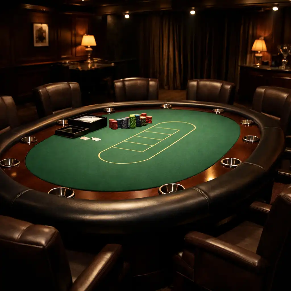 Pełny widok owalnego stołu pokerowego z zielonym suknem i podłokietnikami w eleganckiej sali