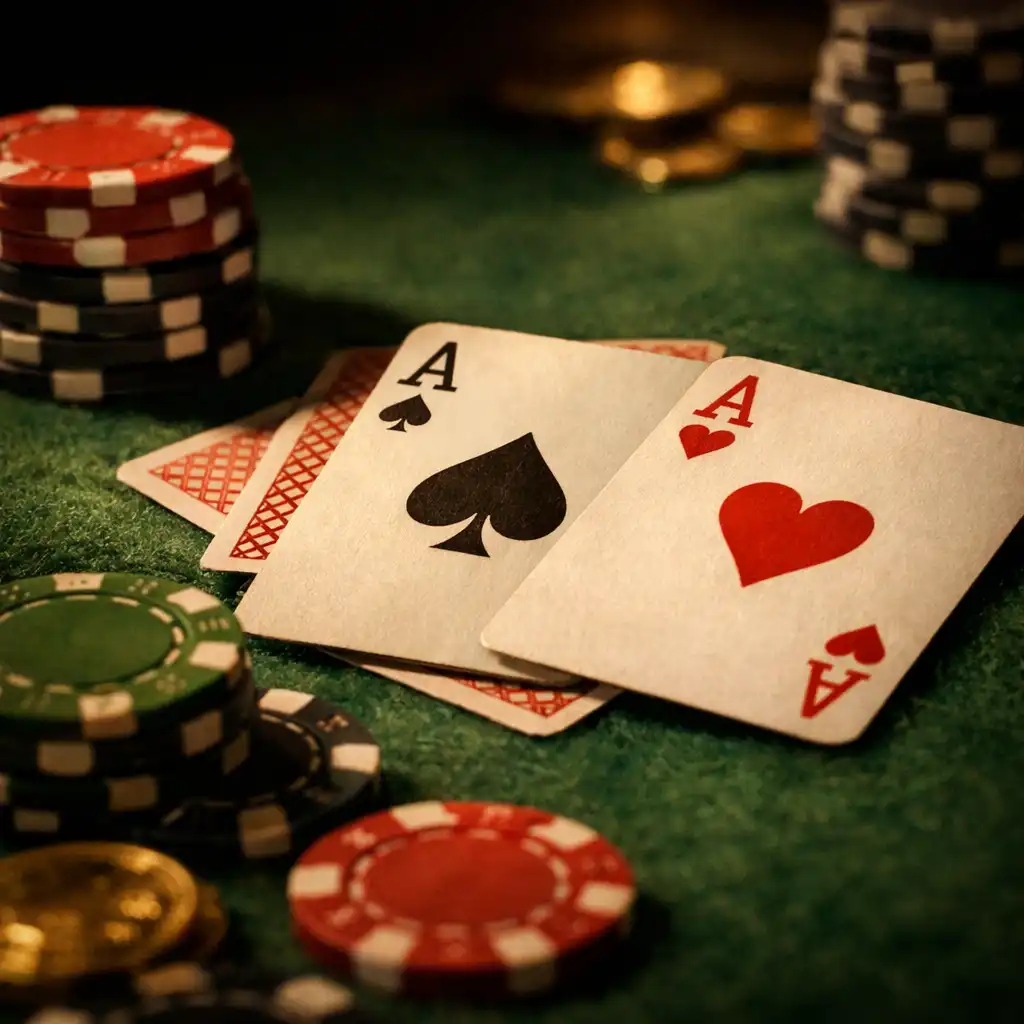 Zbliżenie na stół pokerowy z zielonym suknem, kartami i żetonami