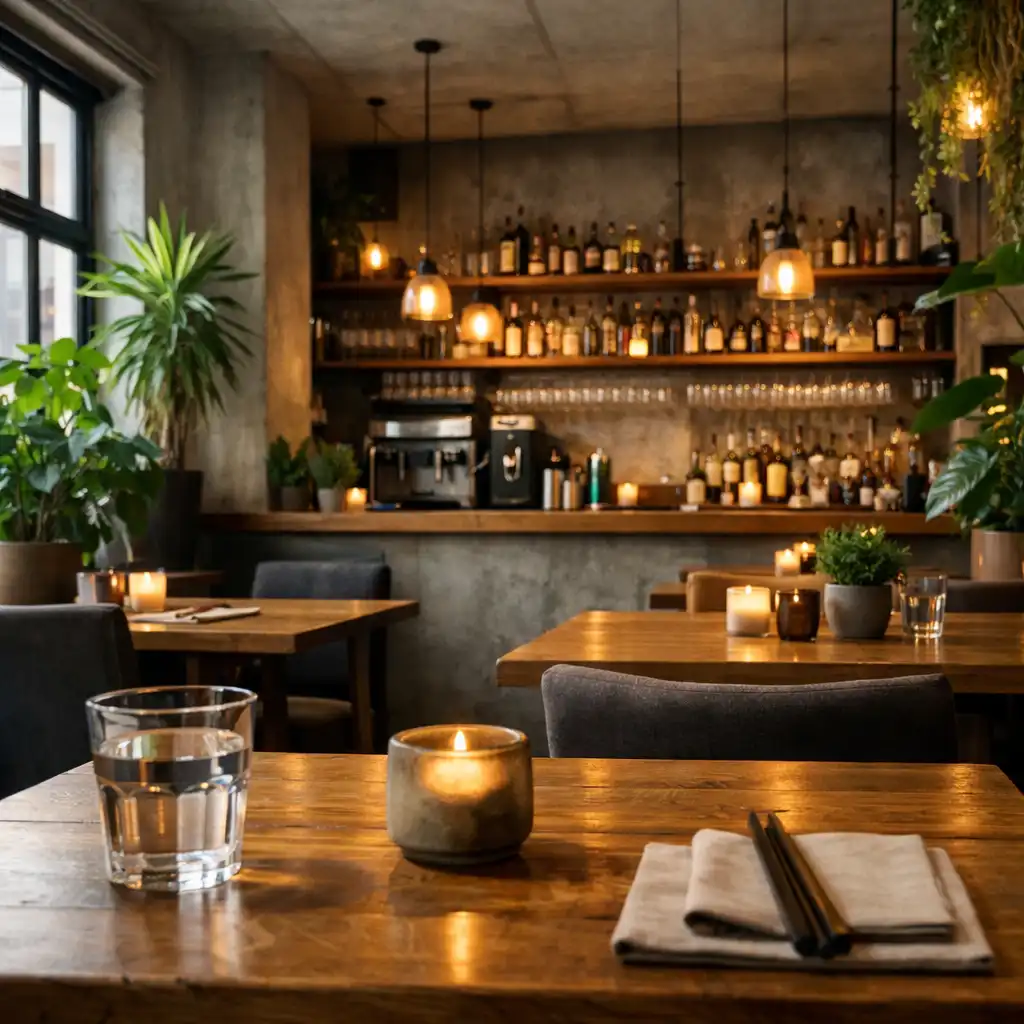 Wnętrze restauracji Miejski Ogrodnik z betonową ścianą, drewnianymi stołami, roślinami i ciepłym światłem