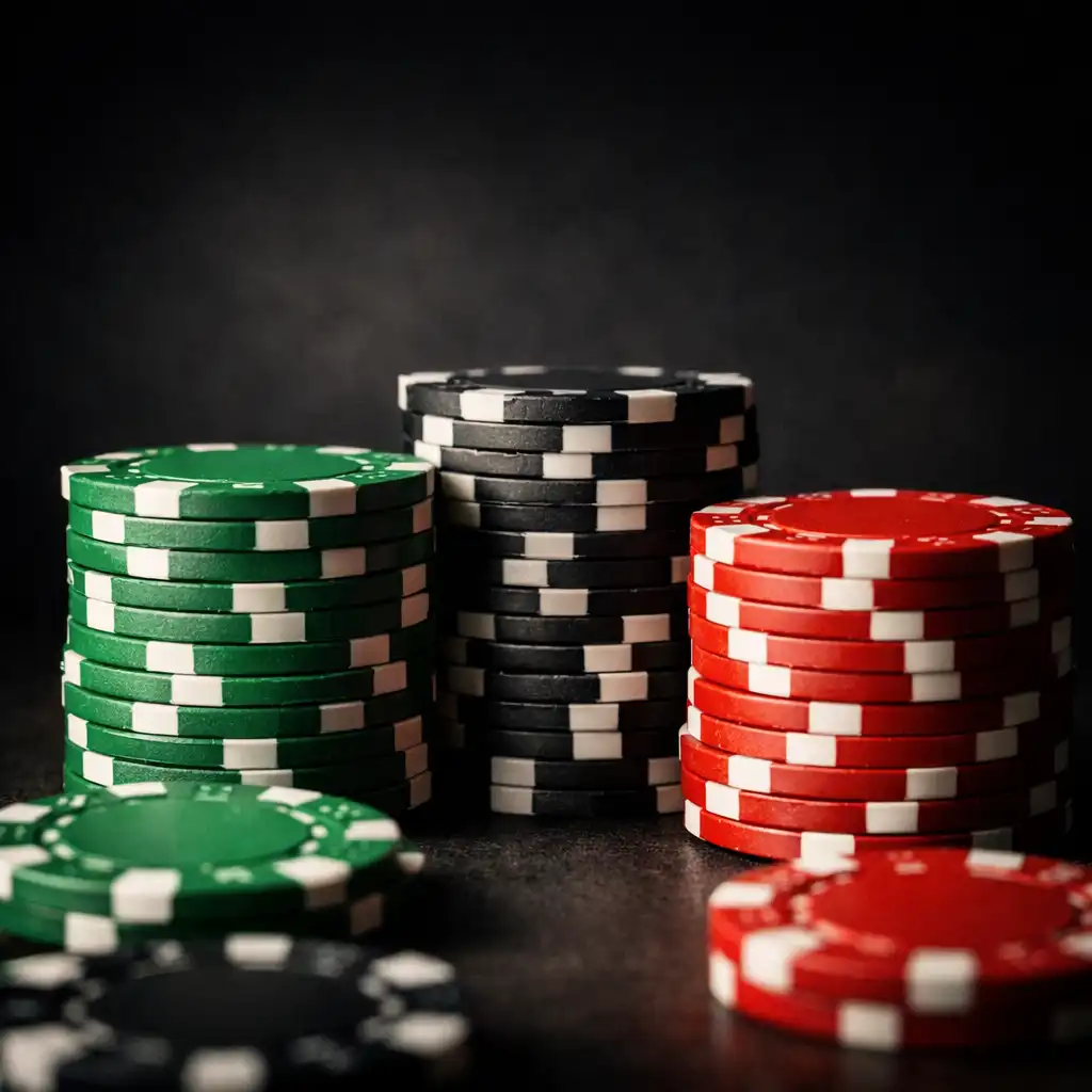 Stos żetonów pokerowych w różnych kolorach na ciemnym tle